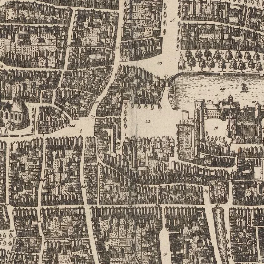 Details van plattegrond van Den Haag met daarop een deel van de route die Gerrit Janssen in 1652 voor straf moet lopen, Cornelis Elandts en Hugo Allard I, 1666, collectie Rijksmuseum