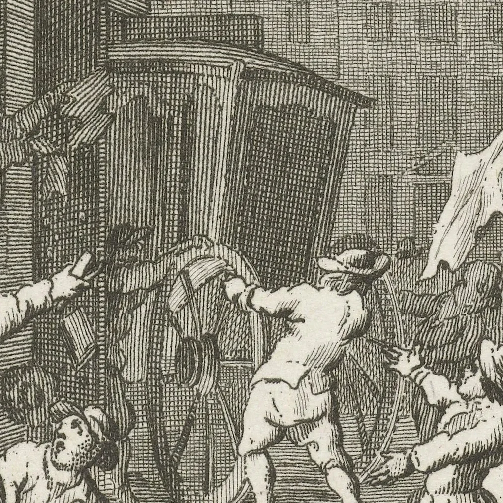 Plundering van het huis van burgemeester Geertsema te Groningen, 1748, Prent door Reinier Vinkeles, naar Cornelis Buys, 1780 – 1795, Rijksmuseum
