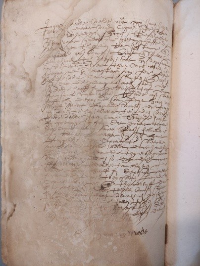 De (deels vervaagde) verklaring van knecht Jaques van de Velde, met onderaan zijn handtekening (Jacus van de Velde). Nationaal Archief, Hof van Holland, criminele papieren, inv.nr. 5235, dossier 14.